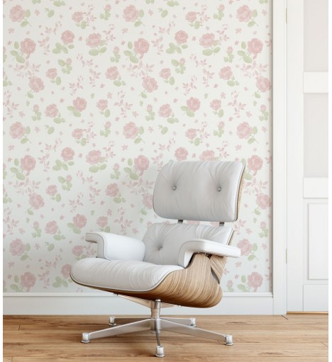 Papel de parede floral romance com fundo branco e flores rosa