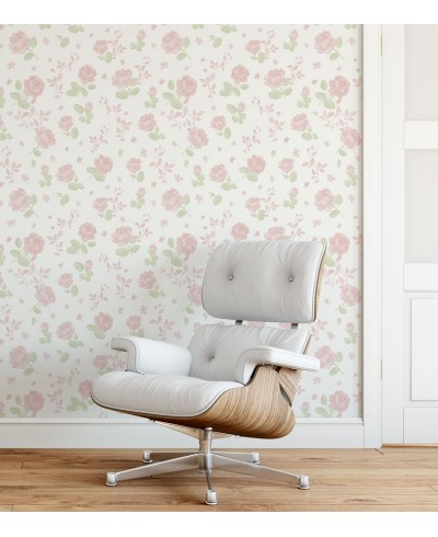 Papel de parede floral romance com fundo branco e flores rosa