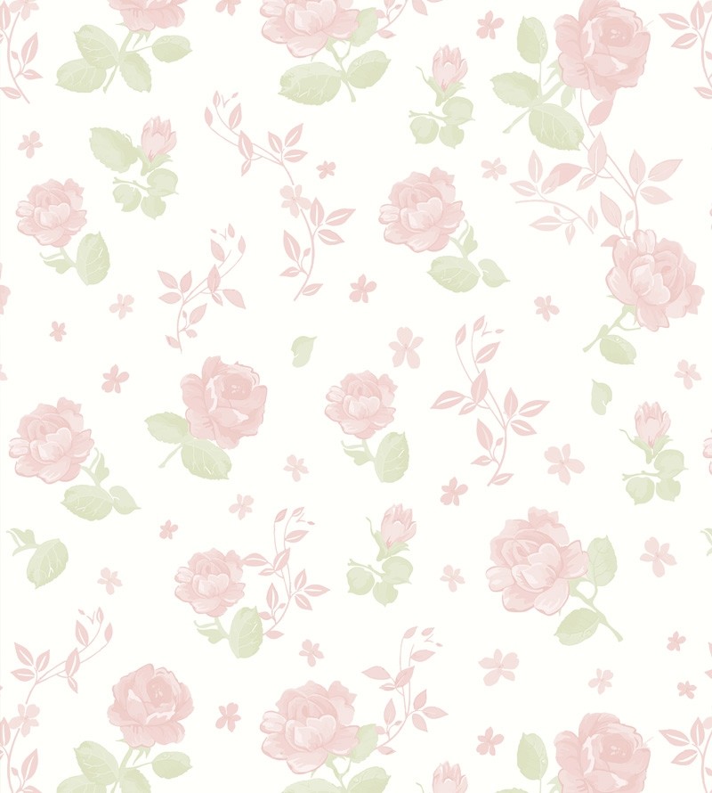 Papel de parede floral romance com fundo branco e flores rosa