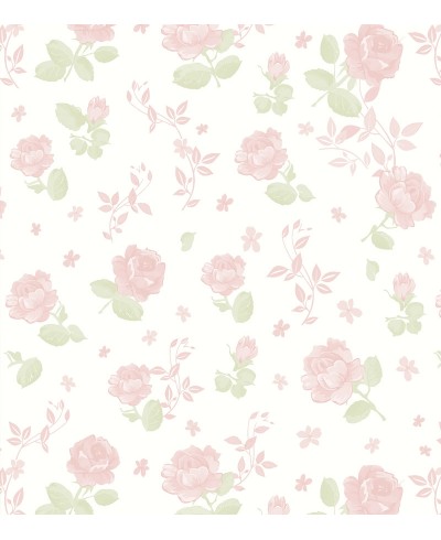 Papel de parede floral romance com fundo branco e flores rosa