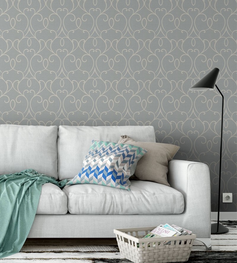 Papel de parede com fundo simulando jeans com detalhes arabescos na cor nude