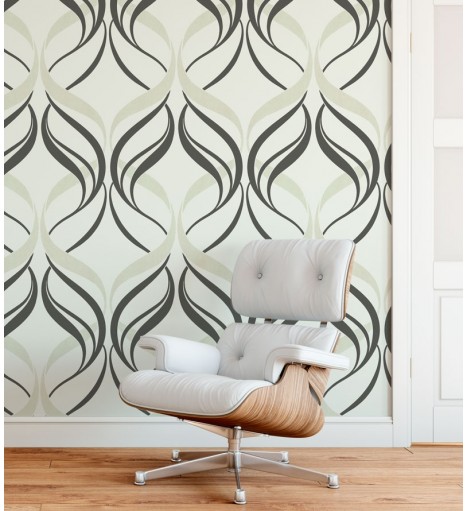 Papel de parede com fundo cinza e detalhes em arabescos nude