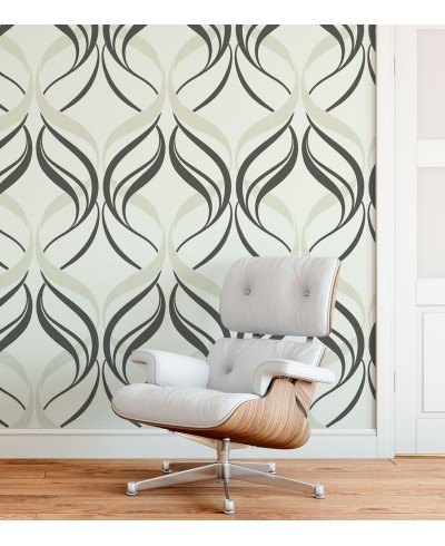 Papel de parede com fundo cinza e detalhes em arabescos nude