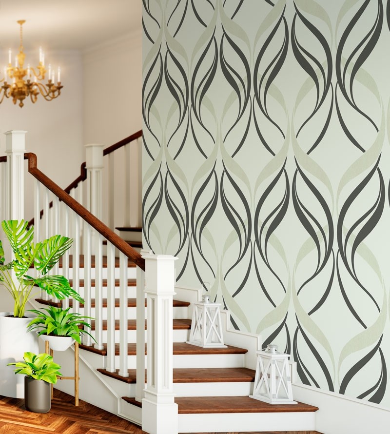 Papel de parede com fundo cinza e detalhes em arabescos nude