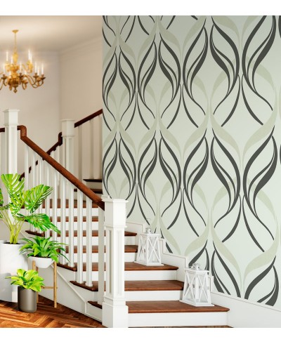 Papel de parede com fundo cinza e detalhes em arabescos nude