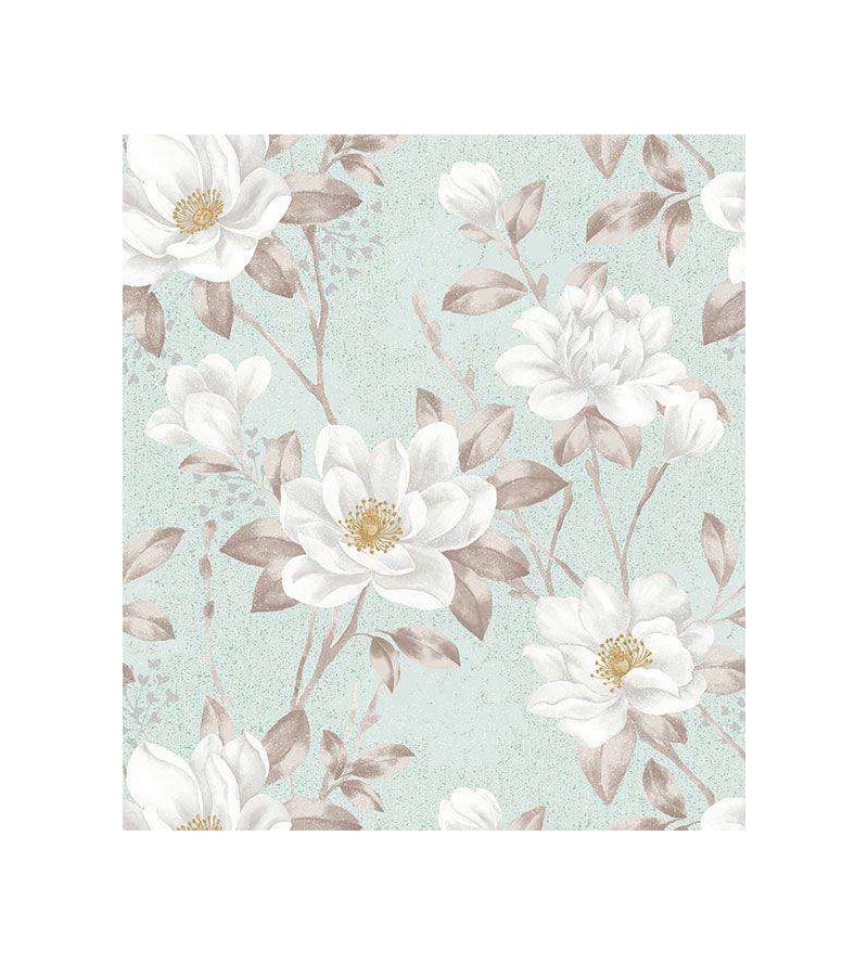 Papel de parede com fundo azul, com folhas e flores em tons cinzas e destalhes em amarelo - Dream 43