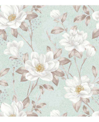 Papel de parede com fundo azul, com folhas e flores em tons cinzas e destalhes em amarelo - Dream 43