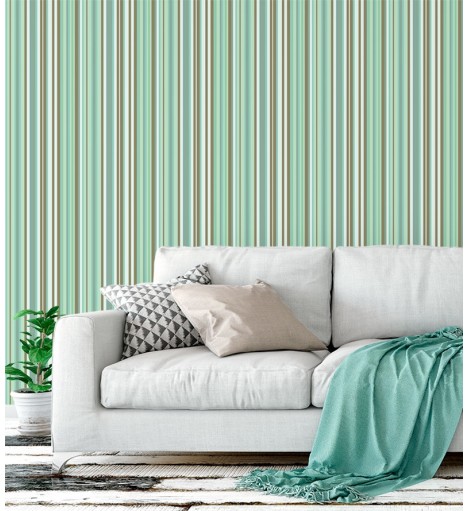 Papel de parede com listras em tons de verde, marrom e branco - Listrado 134