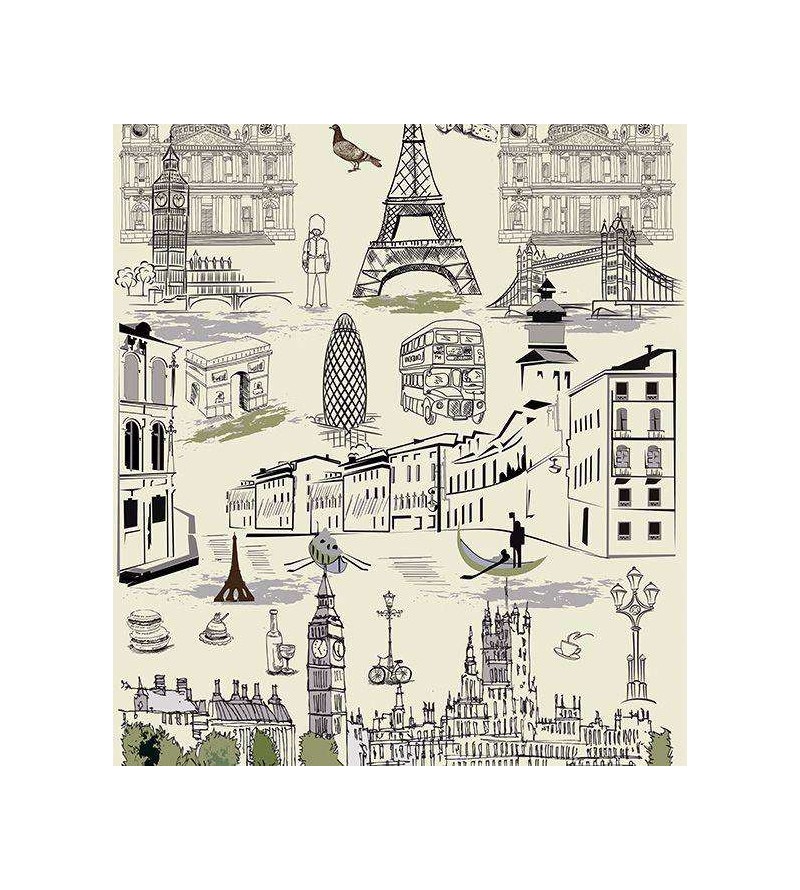 Papel de parede com fundo bege e detalhes em verde e preto - Contemporâneo 22