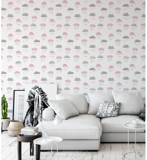 Papel de Parede Infantil em fundo branco gotas cinza e rosa - Kids 238