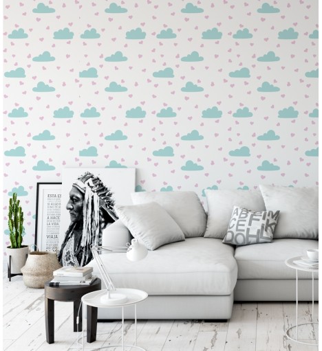 Papel de Parede Infantil Com Lindas Nuvens e Corações - Kids 239