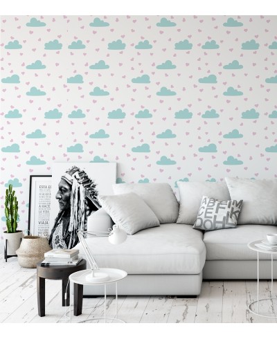 Papel de Parede Infantil Com Lindas Nuvens e Corações - Kids 239