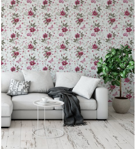 Papel de parede Floral Rosa e Verde com fundo branco