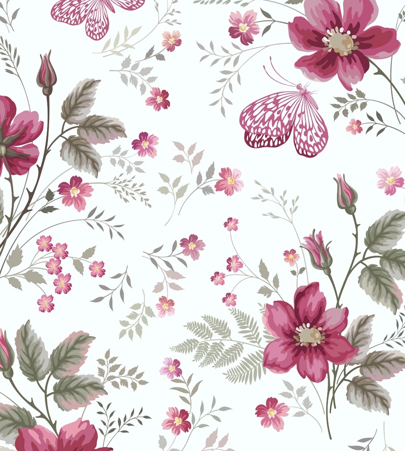 Papel de parede Floral Rosa e Verde com fundo branco
