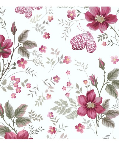 Papel de parede Floral Rosa e Verde com fundo branco