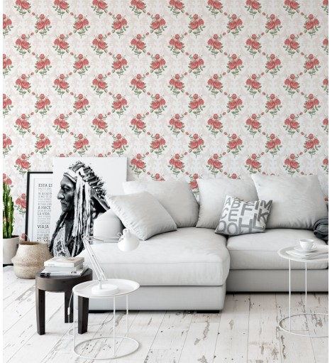 Papel de parede arranjo floral rosa e lilás com fundo branco