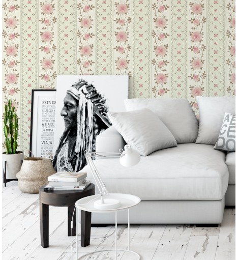 Papel de parede com Lindas flores e Listras Cinzas Claras - Rose 427