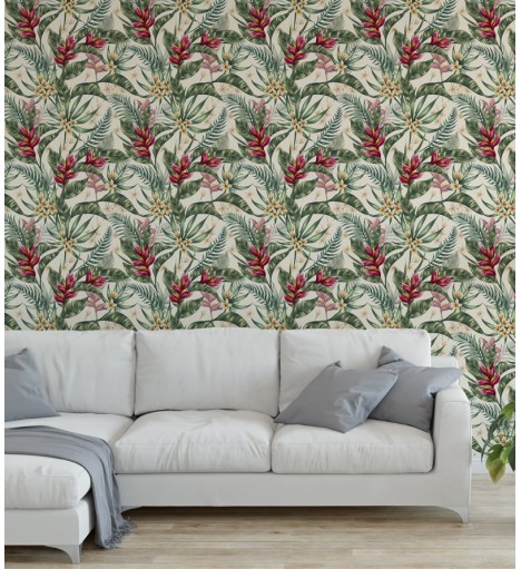 Papel de parede com Flores em tons Verde e Vermelho - Nature 213