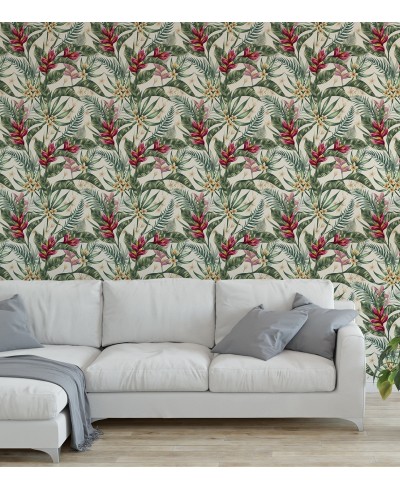 Papel de parede com Flores em tons Verde e Vermelho - Nature 213