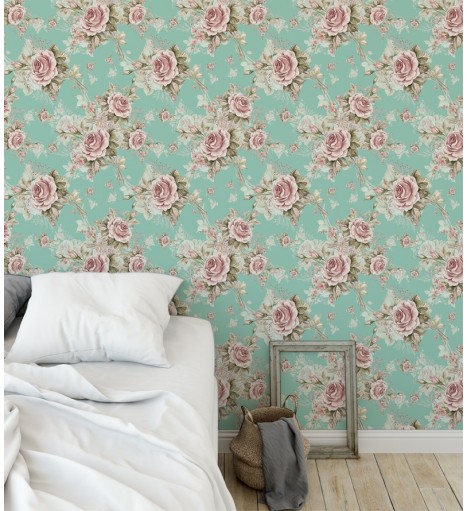 Papel de parede romântico arranjo floral rosa e verde com fundo azul turquesa