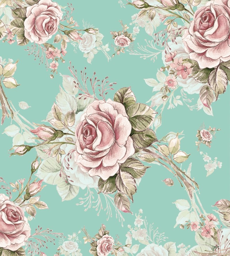 Papel de parede romântico arranjo floral rosa e verde com fundo azul turquesa