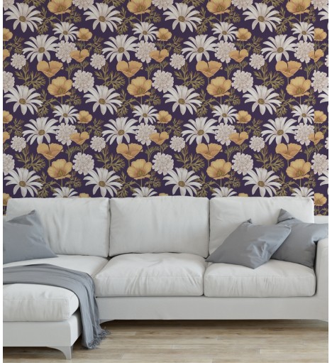 Papel de parede com Flores em tons de Roxo e Laranja - Nature 215