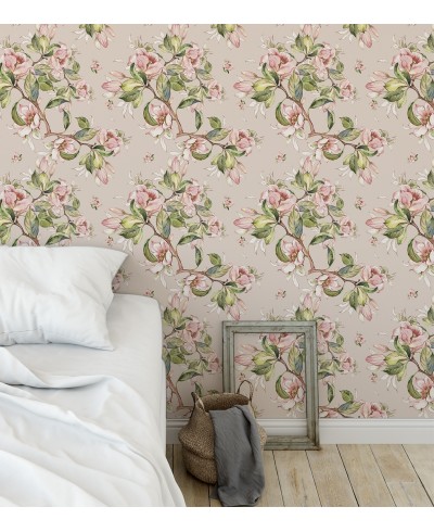 Papel de parede Ramos Florais Rosa e Verde com fundo rosa acinzentado Papel de parede Ramos Florais Rosa e Verde com fundo rosa acinzentado