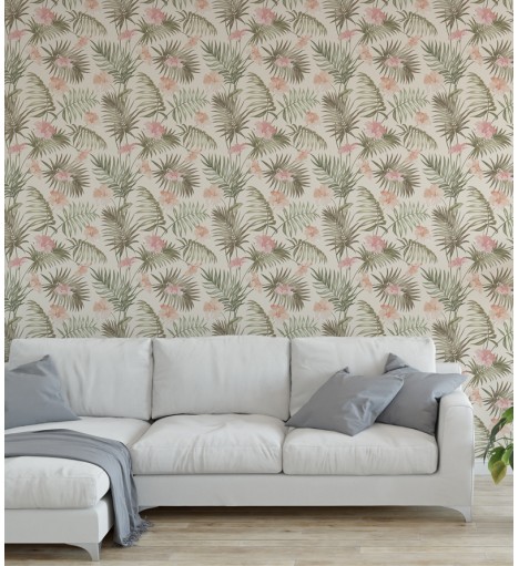 Papel de parede com Flores em tons de Rosa e Folhas em Verde - Nature 216