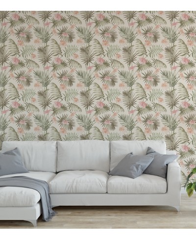 Papel de parede com Flores em tons de Rosa e Folhas em Verde - Nature 216