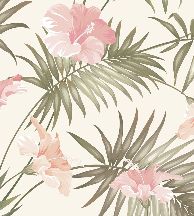 Papel de parede com Flores em tons de Rosa e Folhas em Verde - Nature 216