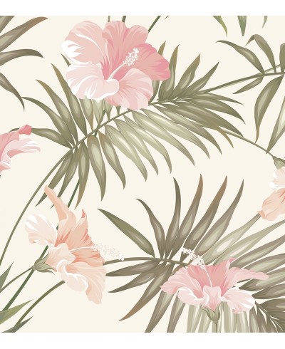 Papel de parede com Flores em tons de Rosa e Folhas em Verde - Nature 216