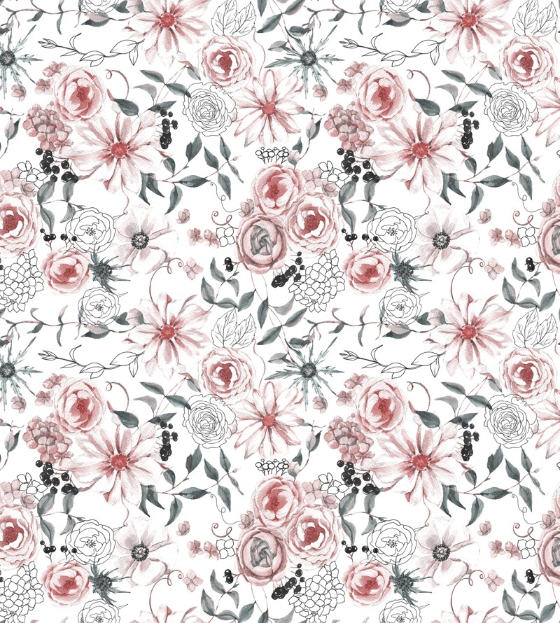 Papel de parede Floral vermelho e verde com fundo branco