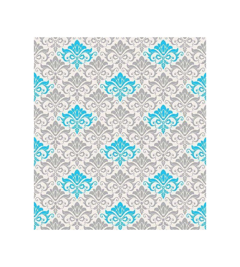 Papel de parede arabesco fundo branco com desenhos em tons de cinza e azul claro - Damask 18