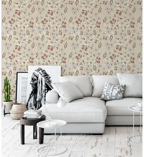 Papel de parede floral marrom e branco fundo bege