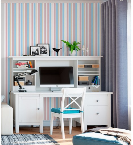 Papel de parede com listras em branco rosa azul e bege - Listrado 1027