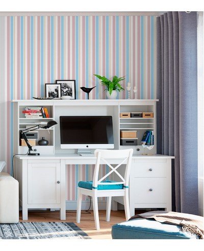Papel de parede com listras em branco rosa azul e bege - Listrado 1027