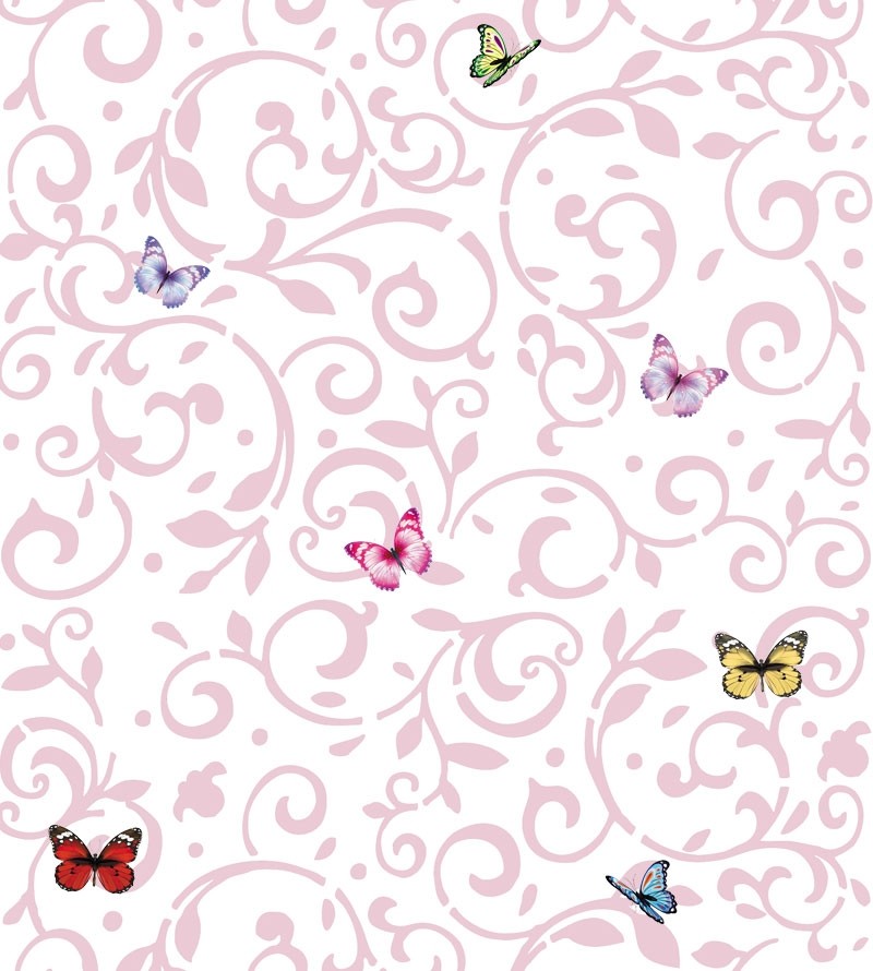 Papel de parede com fundo branco, detalhes em rosa claro e borboletas coloridas - Infantil 164