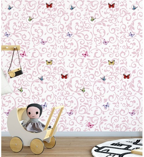 Papel de parede com fundo branco, detalhes em rosa claro e borboletas coloridas - Infantil 164