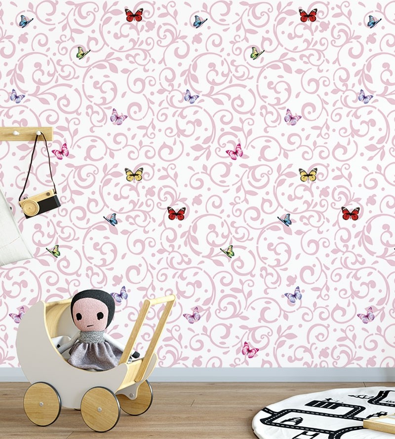 Papel de parede com fundo branco, detalhes em rosa claro e borboletas coloridas - Infantil 164