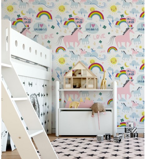 Papel de Parede Infantil Modelo Unicórnios Com fundo em branco e detalhes multicoloridos