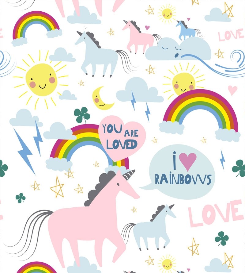 Papel de Parede Infantil Modelo Unicórnios Com fundo em branco e detalhes multicoloridos