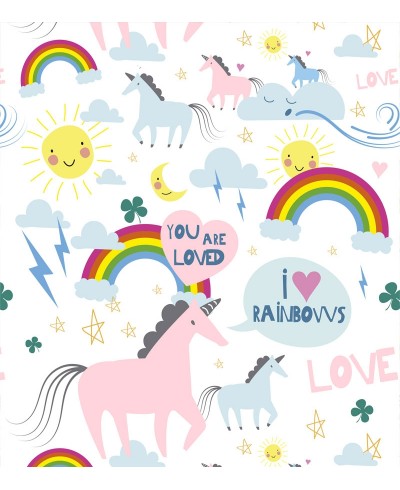 Papel de Parede Infantil Modelo Unicórnios Com fundo em branco e detalhes multicoloridos