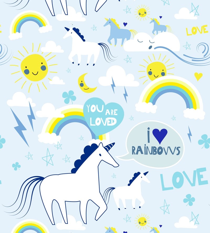 Papel de Parede Infantil Modelo Unicórnios Com fundo em azul e detalhes em branco