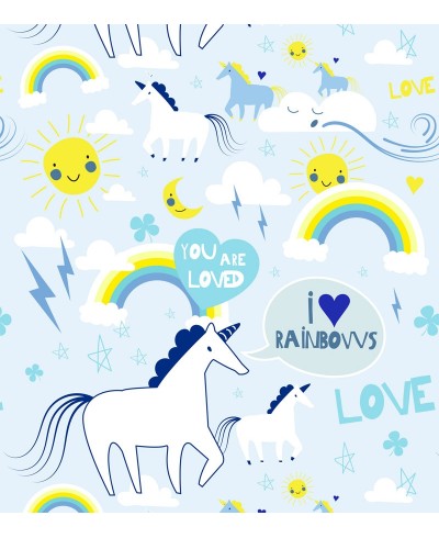 Papel de Parede Infantil Modelo Unicórnios Com fundo em azul e detalhes em branco