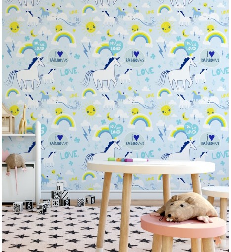 Papel de Parede Infantil Modelo Unicórnios Com fundo em azul e detalhes em branco