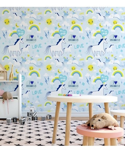 Papel de Parede Infantil Modelo Unicórnios Com fundo em azul e detalhes em branco
