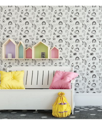 Papel de Parede Infantil Modelo Cute Things na Cor Preto e Branco Papel de Parede Infantil Modelo Cute Things na Cor Preto e Branco