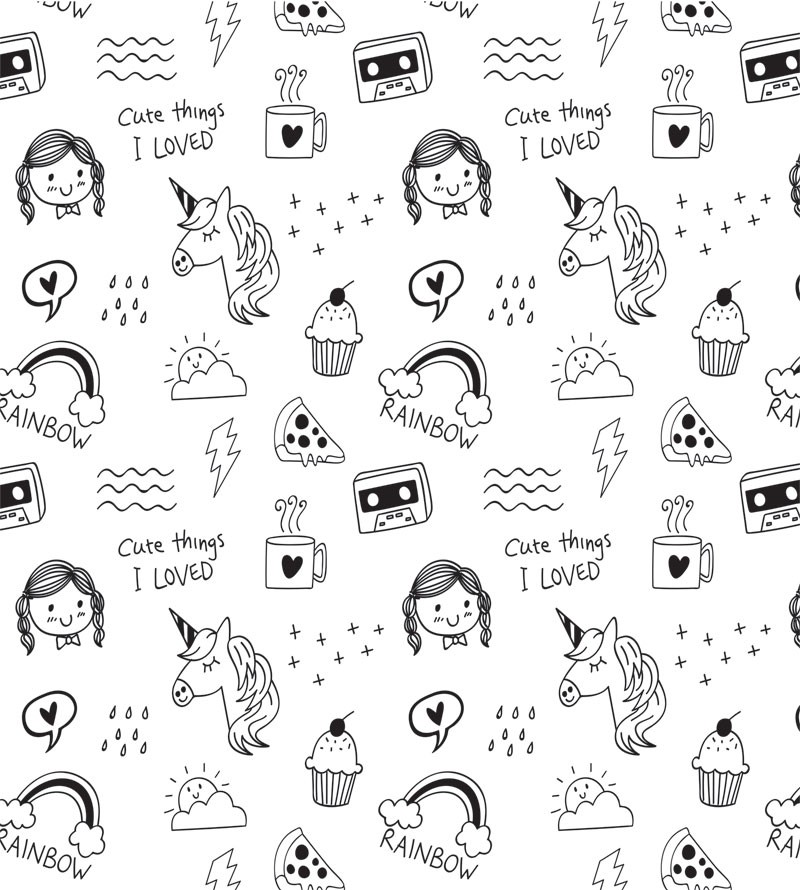 Papel de Parede Infantil Modelo Cute Things na Cor Preto e Branco