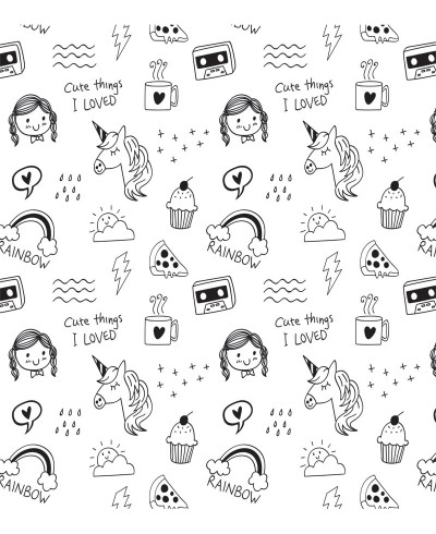 Papel de Parede Infantil Modelo Cute Things na Cor Preto e Branco Papel de Parede Infantil Modelo Cute Things na Cor Preto e Branco