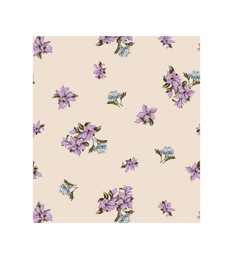 Papel de parede floral tons nude, flores roxas com galhos em verde musgo, tons de azul - Encanto 01